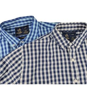 Rugby University Mens Gingham Button Down Shirts 2 Pack Blue Navy LRG Stretch